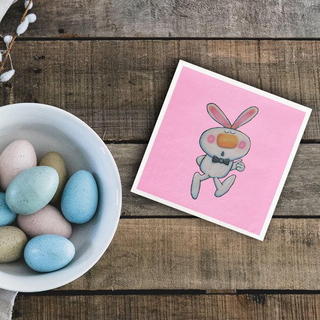 Servilleta De Papel De Cena Hervidad blanca suave con la nariz Naranja en rosa (Thumbs up cute white rabbit orange nose bow tie on bright pink paper party napkin.)