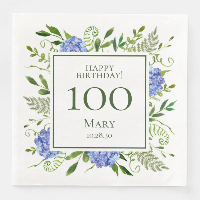 Servilleta De Papel De Cena Hortensias Azules Cumpleaños 100 (Anverso)