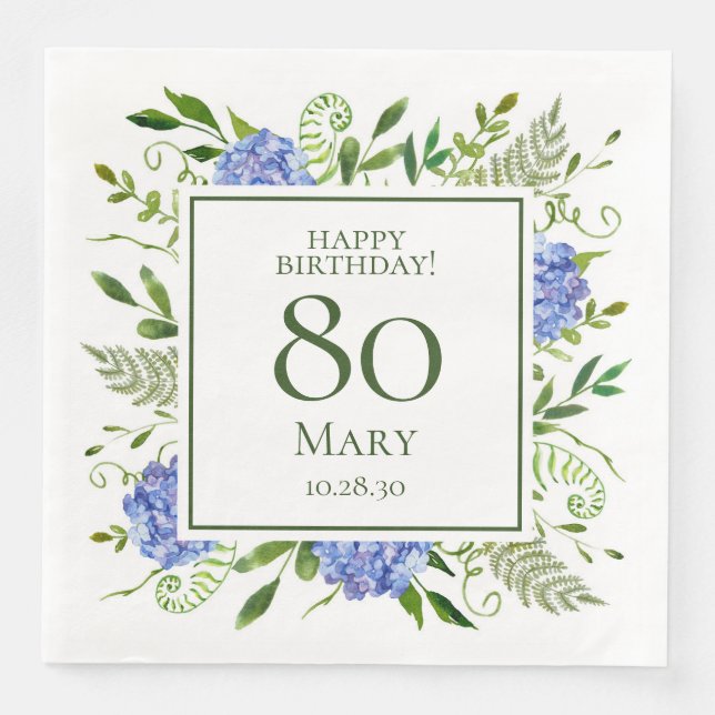 Servilleta De Papel De Cena Hortensias Azules Cumpleaños 80 (Anverso)