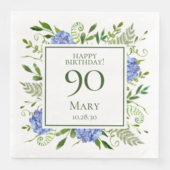 Servilleta De Papel De Cena Hortensias Azules Cumpleaños 90 (Anverso)