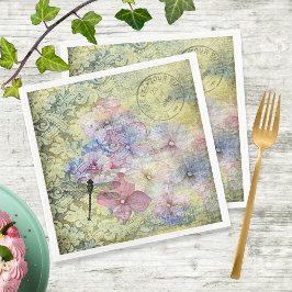 Servilleta De Papel De Cena Hydrangea Dragonfly Postmark Ephemera Decoupage