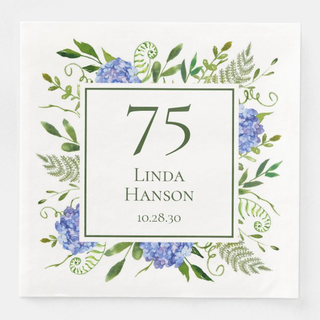 Servilleta De Papel De Cena Hydrangeas Azules Cumpleaños 75 (Anverso)