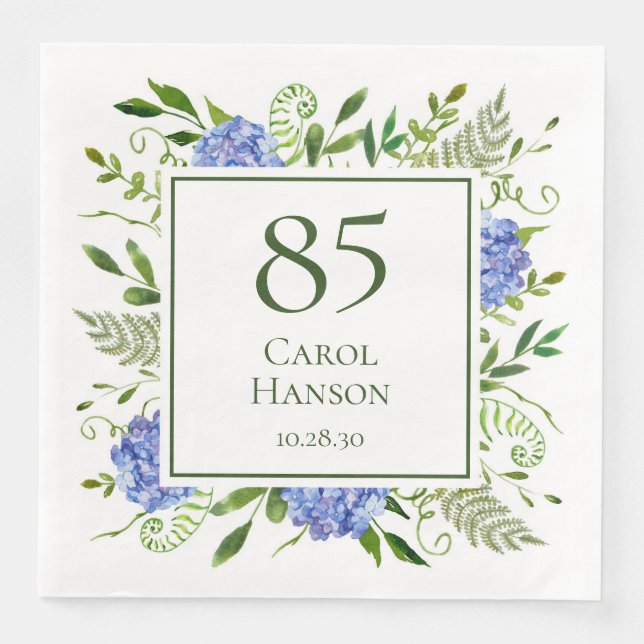 Servilleta De Papel De Cena Hydrangeas Azules para Cumpleaños 85 (Anverso)