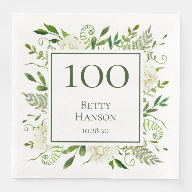 Servilleta De Papel De Cena Hydrangeas Blancas Cumpleaños 100 (Anverso)