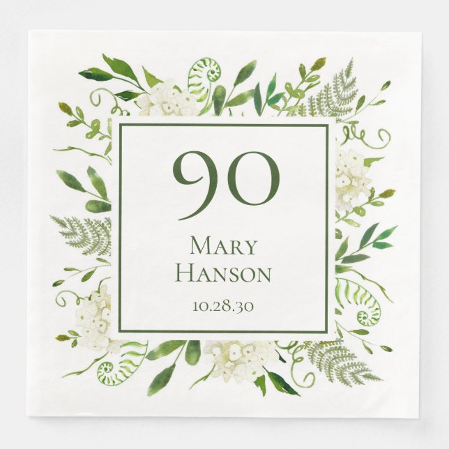 Servilleta De Papel De Cena Hydrangeas Blancas Cumpleaños 90 (Anverso)