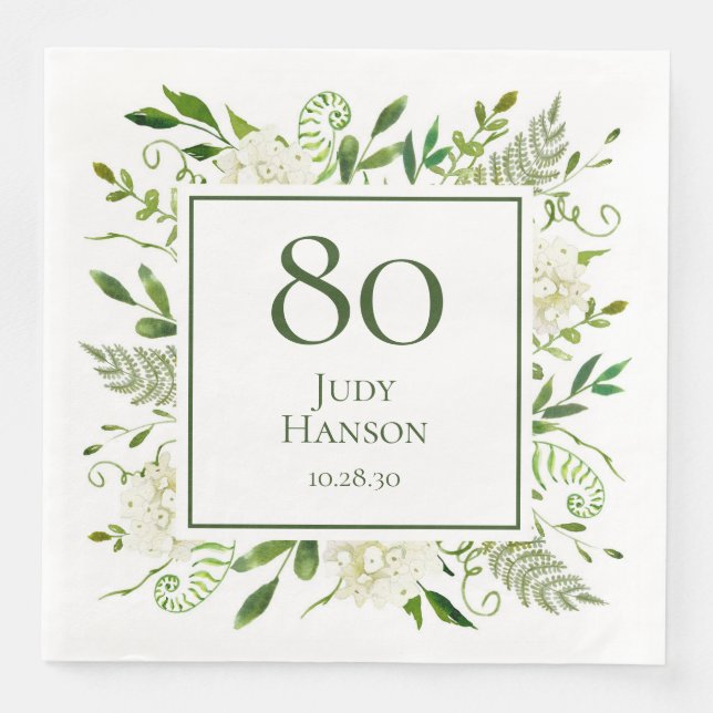 Servilleta De Papel De Cena Hydrangeas blancas para el 80 cumpleaños (Anverso)