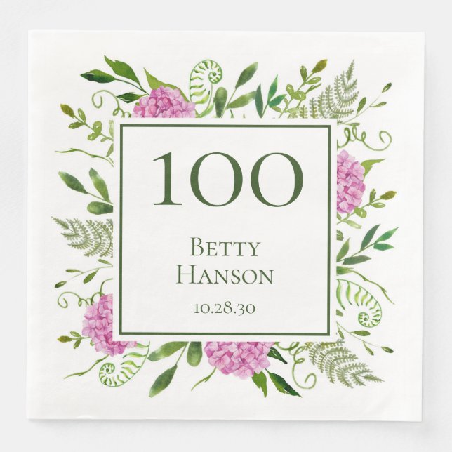 Servilleta De Papel De Cena Hydrangeas rosadas por cumpleaños 100 (Anverso)