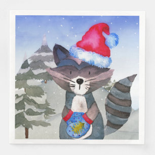 Servilleta De Papel De Cena Ilustracion Racoon de Winter Forest Woodland Frien