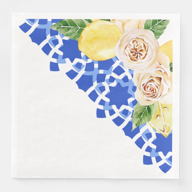 Servilleta De Papel De Cena Impresión de azulejos y limones mediterráneos de v (Anverso)