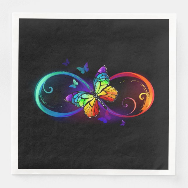 Servilleta De Papel De Cena Infinidad vibrante con mariposa arco iris sobre ne (Anverso)