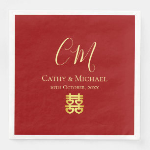 Servilleta De Papel De Cena Iniciales de pareja boda china moderna roja