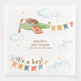Servilleta De Papel De Cena It's A Boy Bear Airplane Sky Baby Shower 