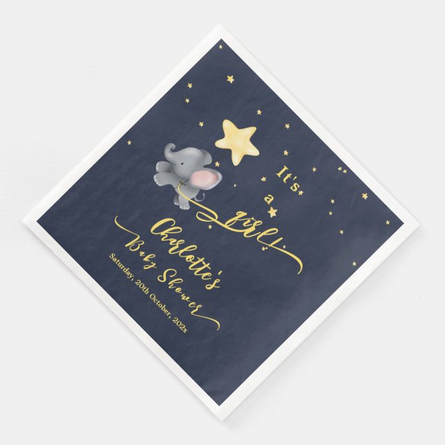 Servilleta De Papel De Cena It's a Girl! Baby Shower Cute Elephant & Balloon (Esquina)