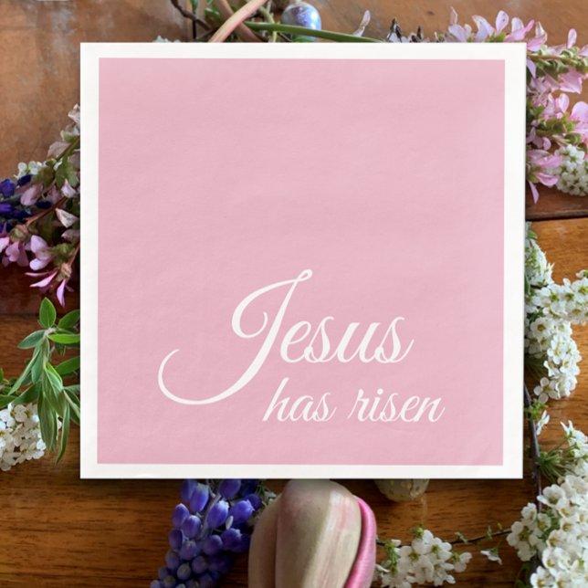 Servilleta De Papel De Cena Jesús Se Ha Levantado | Pascua cristiana rosada pe (Jesus has risen, custom elegant script on pink. Christian Easter napkins.)
