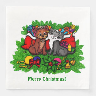 Servilleta De Papel De Cena Kitty and Puppy , Happy XMas