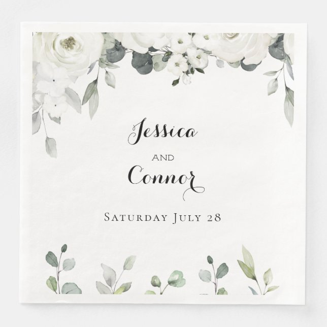 Servilleta De Papel De Cena La verde de Peonia Blanca Elegante Boda (Anverso)