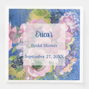 Servilleta De Papel De Cena Lavender Blues Watercolor Floral Purpurina
