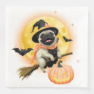 Servilleta De Papel De Cena Loco Pug Feliz de Halloween montando una sala vola