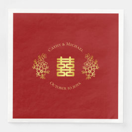Servilleta De Papel De Cena Logotipo floral de doble felicidad boda china roja