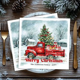 Servilleta De Papel De Cena Lovely red truck Christmas scene rustic napkin set
