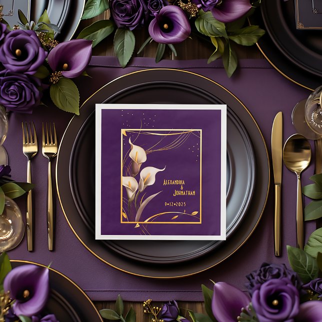 Servilleta De Papel De Cena Lujoso Boda Lirio Morado y Marfil Calla (Chic Purple Wedding Calla Lily Dinner Napkins)