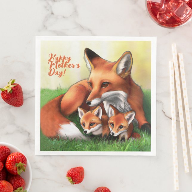 Servilleta De Papel De Cena Madre de Fox roja y Kits en la hierba (In situ)