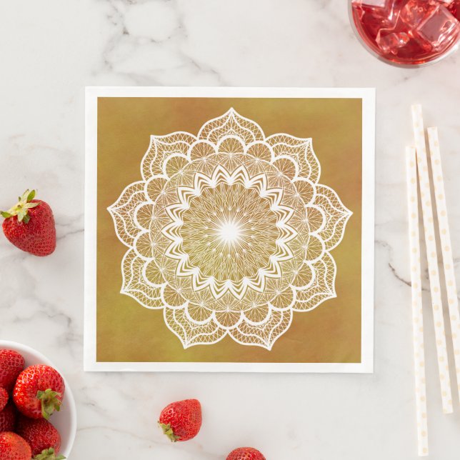 Servilleta De Papel De Cena Mandala Blanco sobre Fondo Dorado (In situ)