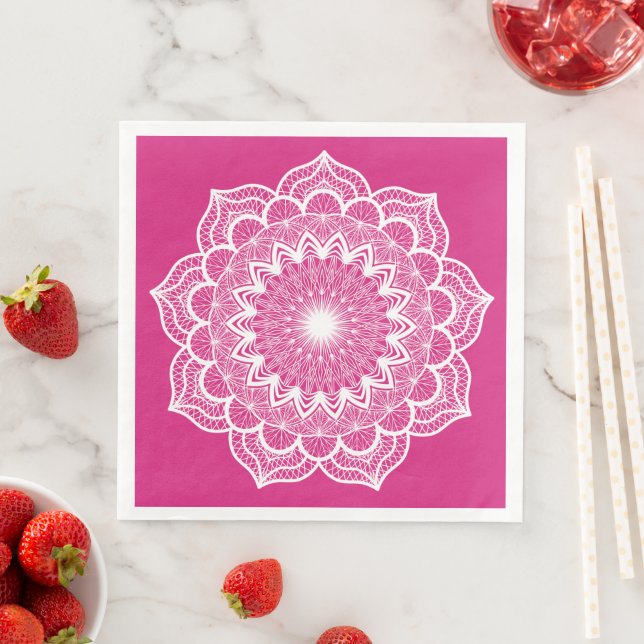 Servilleta De Papel De Cena Mandalá blanco sobre fondo rosa (In situ)