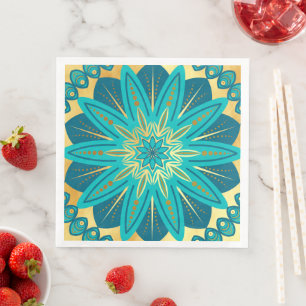 Servilleta De Papel De Cena Mandalas de Flor de Oro Azul