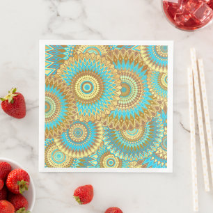 Servilleta De Papel De Cena Mandalas superpuestas azul marrón dorado