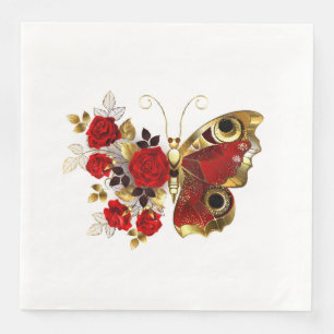 Servilleta De Papel De Cena Mariposa de flor roja con rosas rojas