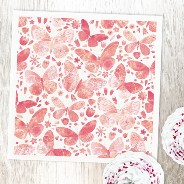 Servilleta De Papel De Cena Mariposas Acuarela Coral Rosa (Blush pink watercolor butterfly paper napking)