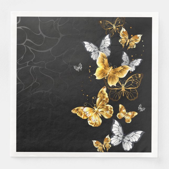 Servilleta De Papel De Cena Mariposas doradas y blancas (Anverso)