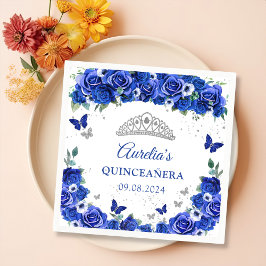 Servilleta De Papel De Cena Mariposas Floral Azul Plata Quinceanera Napkins