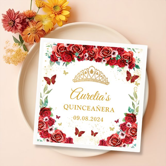 Servilleta De Papel De Cena Mariposas Florales Roses Rojas Quinceanera Napkins (Subido por el creador)