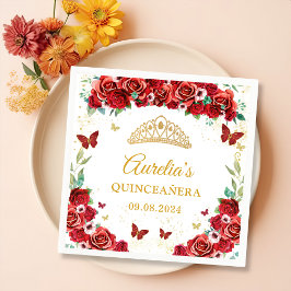 Servilleta De Papel De Cena Mariposas Florales Roses Rojas Quinceanera Napkins