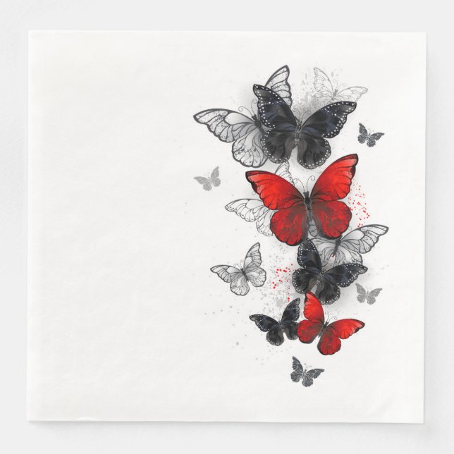 Servilleta De Papel De Cena Mariposas Morpho voladoras negras y rojas (Anverso)