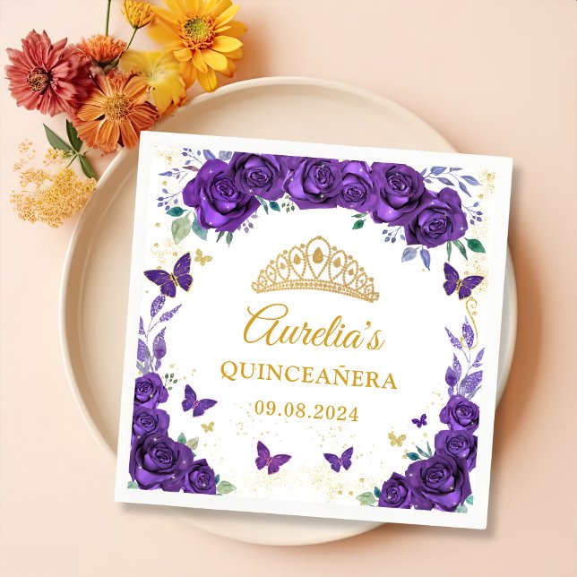 Servilleta De Papel De Cena Mariposas Purple Floral Quinceanera Napkins (Subido por el creador)