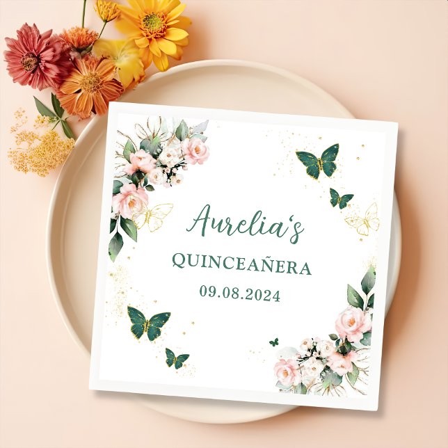 Servilleta De Papel De Cena Mariposas Purple Floral Quinceanera Napkins (Subido por el creador)