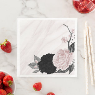 Servilleta De Papel De Cena Mármol de flores negras y rosadas hermosas
