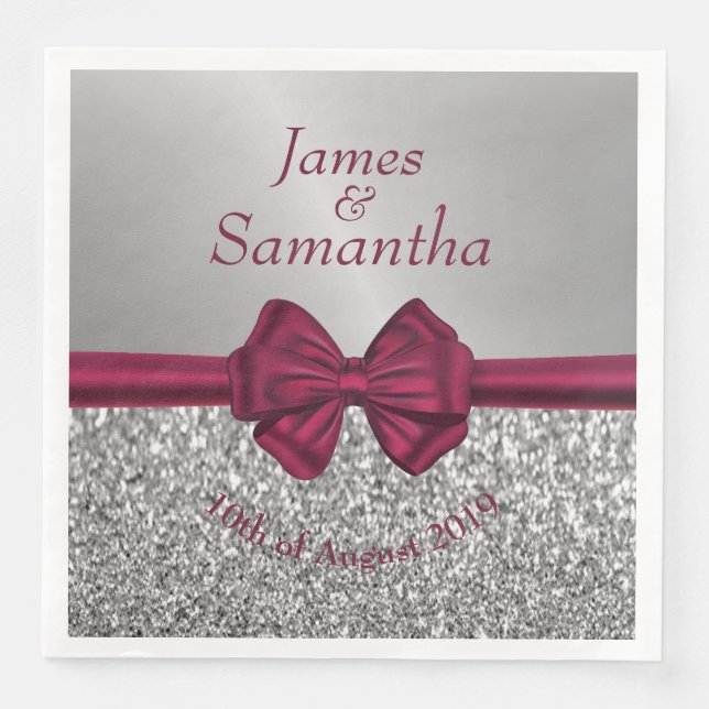 Servilleta De Papel De Cena Maroon Satin Bow & Silver - (Anverso)