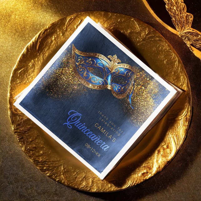 Servilleta De Papel De Cena Máscara de mascarada Quinceanera Blue Gold ID1031 (Subido por el creador)