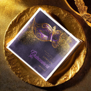 Servilleta De Papel De Cena Máscara de mascarada Quinceanera Purple Gold ID103