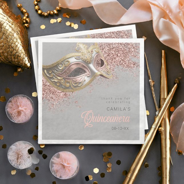 Servilleta De Papel De Cena Máscara de mascarada Quinceanera Rosa Gold ID1031 (Subido por el creador)