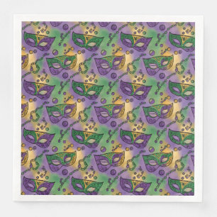 Servilleta De Papel De Cena Máscaras y Cuentas de Mardi Gras Morado Verde Amar