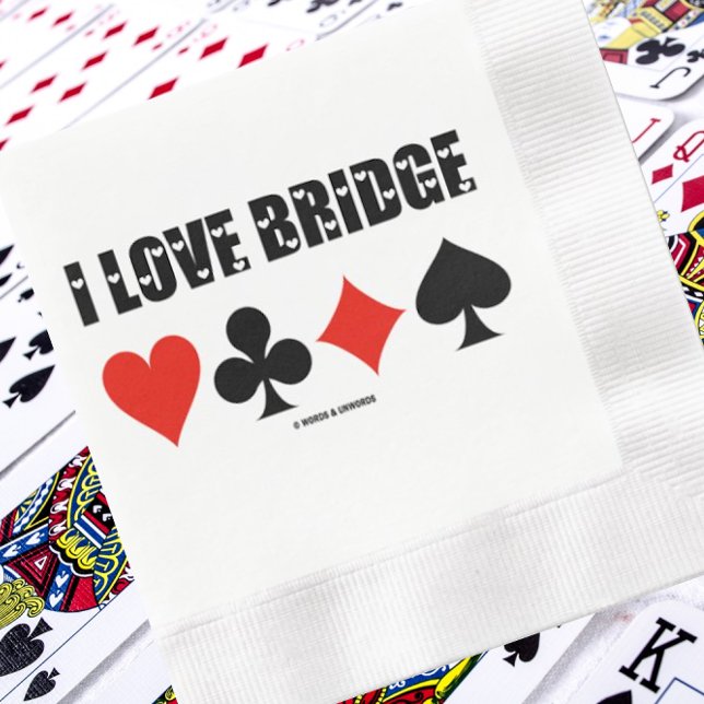 Servilleta De Papel De Cena Me encantan los cuatro conjuntos de tarjetas Bridg (Memorable paper napkin for any bridge-themed event. Napkin shows the 4 card suits & "I Love Bridge")