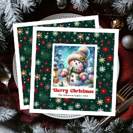 Servilleta De Papel De Cena Merry Christmas snowman with snowflakes kids 