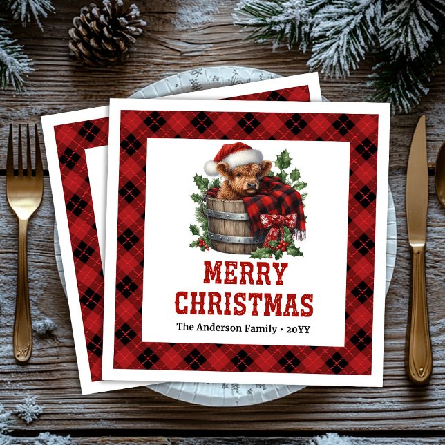 Servilleta De Papel De Cena Minimal highland cow red black plaid napkins (Minimal highland cow red black plaid napkin)