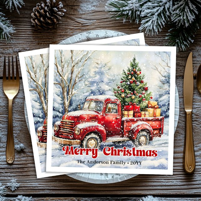 Servilleta De Papel De Cena Minimal red truck Christmas scene rustic napkins (Minimal red truck Christmas scene rustic napkins)