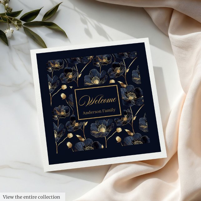 Servilleta De Papel De Cena Minimalist Navy Napkins Gold Flowers Monogram Art (Minimalist Navy Napkins Gold Flowers Monogram Art)
